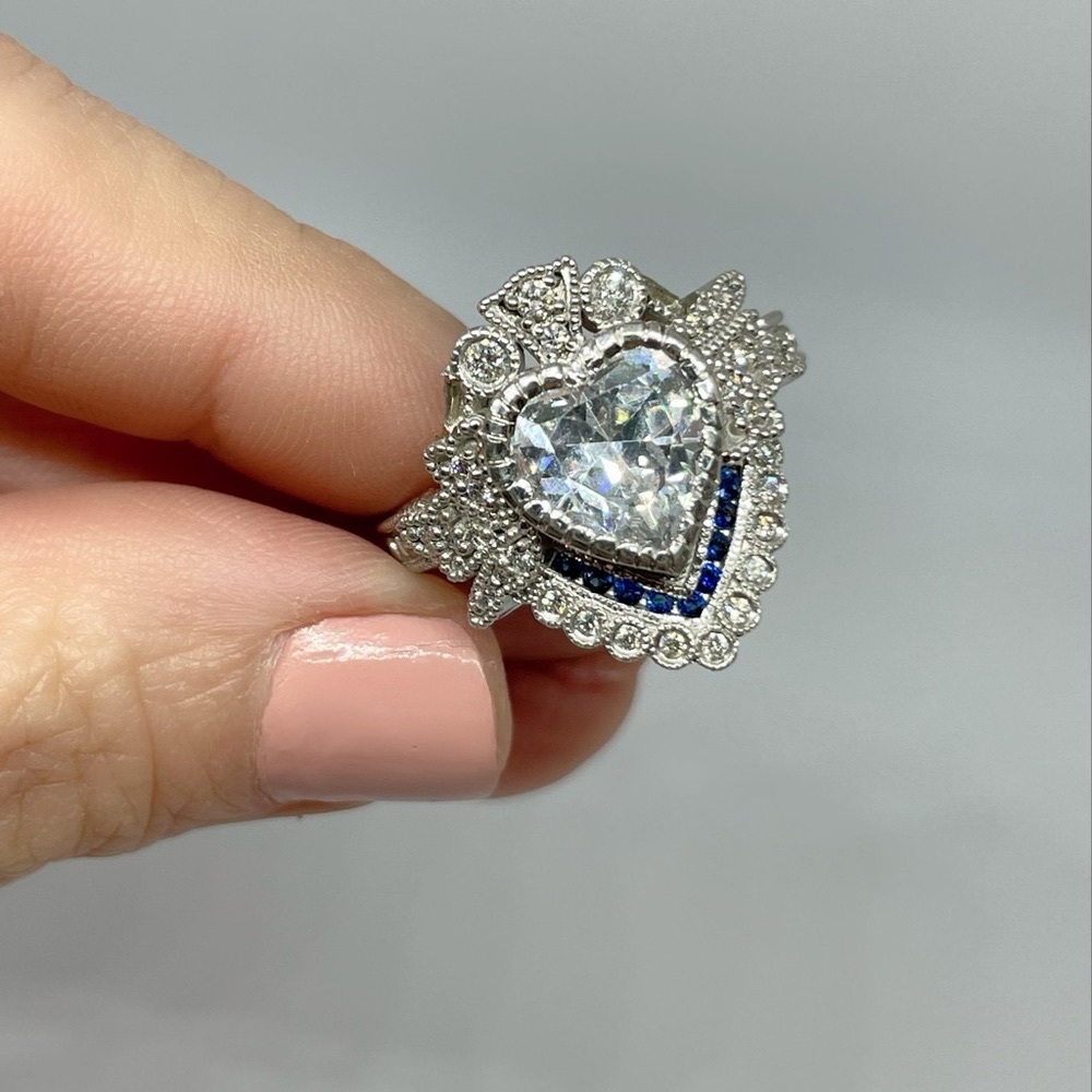 14K White Gold CZ Heart Diamond and Sapphire Crown Ring